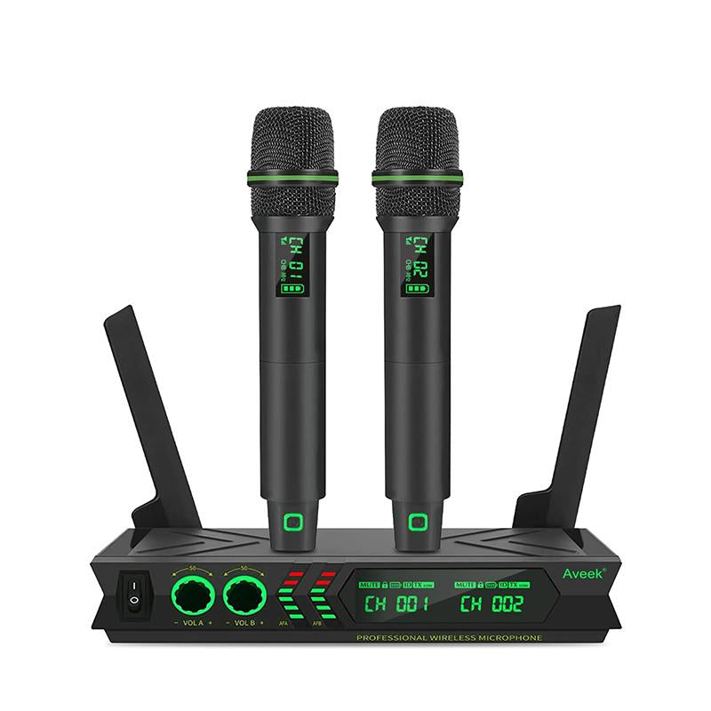 Aveek Wireless Microphone System, Dual UHF Cordless Microphones Set, 200Ft Range Microphones with Protection Receiver for Smartphone Singing, Audio Electronic Karaoke Microphones System Microphone